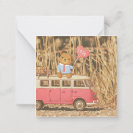 Valentijnsdag: Teddbeer & Roze Vintage Auto Notitiekaartje