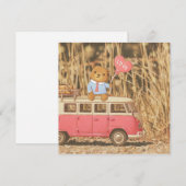 Valentijnsdag: Teddibeer & Roze Vintage Auto Feestdagenkaart (Voorkant / Achterkant)