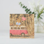 Valentijnsdag: Teddibeer & Roze Vintage Auto Feestdagenkaart (Staand voorkant)