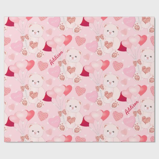 Valentijnsdag Teddy Bear XOXO Heart Patroon Cadeaupapier (Vlak)