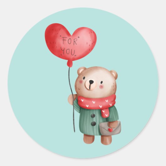 Valentijnsdag teddy - beer houdt liefdesballon aan ronde sticker (Voorkant)