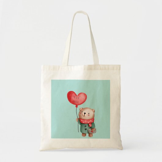 Valentijnsdag teddy - beer houdt liefdesballon aan tote bag (Voorkant)
