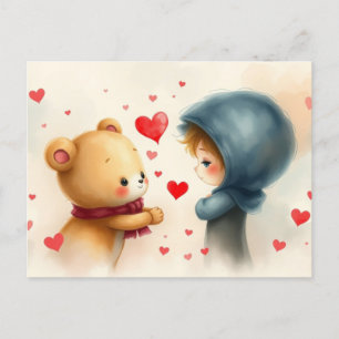 Valentijnsdag teddybeer en meisje feestdagenkaart