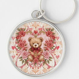 Valentijnsdag, Teddybeer, Roze Hart en Bloem Sleutelhanger