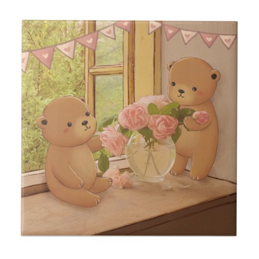 Valentijnsdag: Teddyberen & Bloemen Tegeltje (Voorkant)