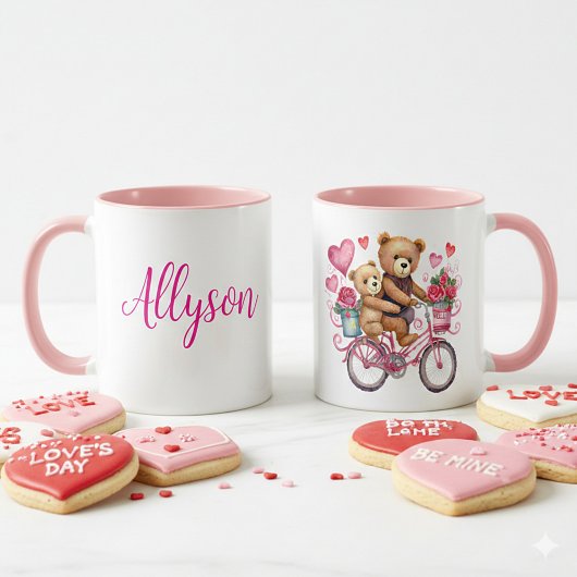 Valentijnsdag teddyberen op fiets gepersonaliseerd mok