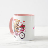Valentijnsdag teddyberen op fiets gepersonaliseerd mok (Voorkant links)