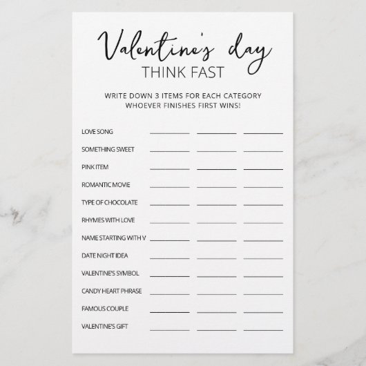 Valentijnsdag Think Fast, Think Quick party game (Voorkant)