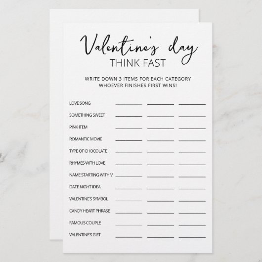 Valentijnsdag Think Fast, Think Quick party game (Voorkant / Achterkant)