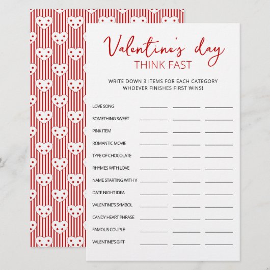 Valentijnsdag Think Fast, Think Quick party game (Voorkant / Achterkant)