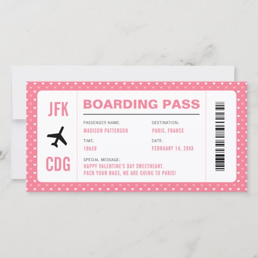 Valentijnsdag Travel Pink Flight Boarding Pass Feestdagenkaart (Voorkant)