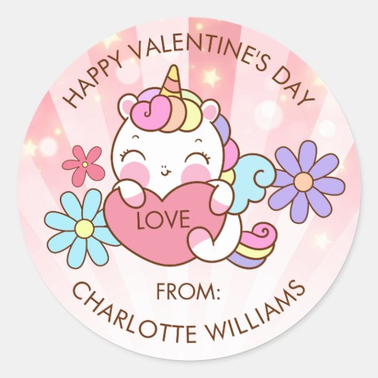 Valentijnsdag Trendy Gift Schattigee Eenhoorn Ronde Sticker (Voorkant)