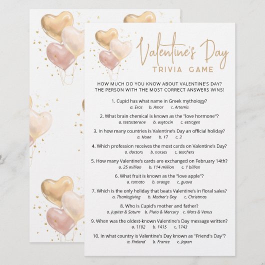 Valentijnsdag Trivia Game met Antwoorden (Voorkant / Achterkant)