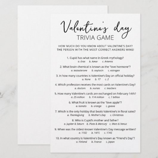 Valentijnsdag Trivia Game met Antwoorden (Voorkant / Achterkant)