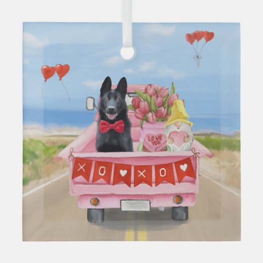 Valentijnsdag Truck Hearts van Shepherd Dog Glas Ornament (Voorkant)