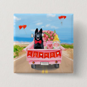Valentijnsdag Truck Hearts van Shepherd Dog Vierkante Button 5,1 Cm