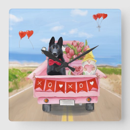 Valentijnsdag Truck Hearts van Shepherd Dog Vierkante Klok (Voorkant)