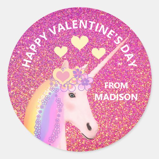 Valentijnsdag Unicorn Pink Glitter Hearts Name Ronde Sticker (Voorkant)