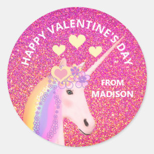 Valentijnsdag Unicorn Pink Glitter Hearts Name Ronde Sticker