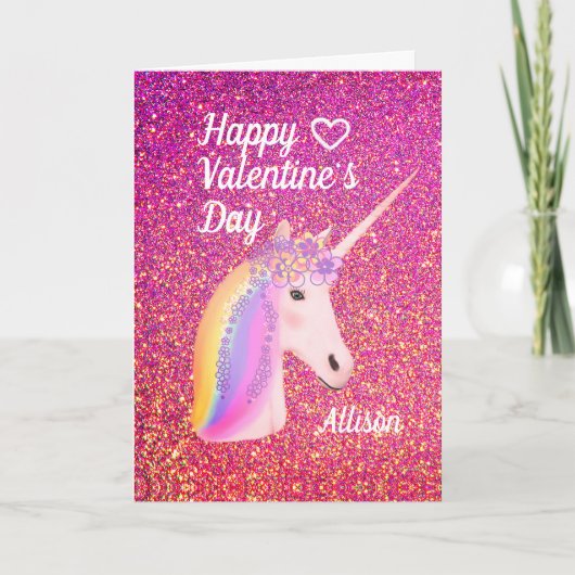 Valentijnsdag Unicorn Pink Glitter Persoonlijk Feestdagen Kaart (Voorkant)