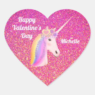 Valentijnsdag Unicorn Pink Glitter Persoonlijk Hart Sticker