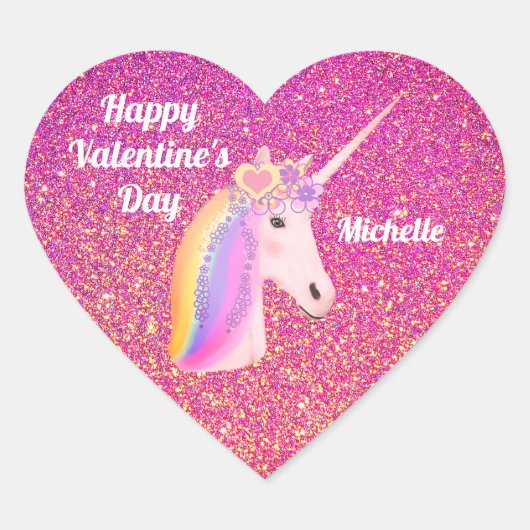 Valentijnsdag Unicorn Pink Glitter Persoonlijk Hart Sticker (Voorkant)