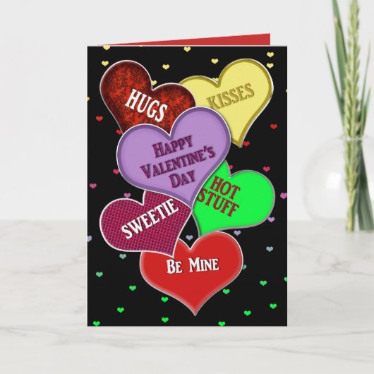 Valentijnsdag, veel harten met boodschappen feestdagen kaart (Voorkant)