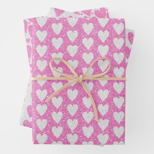 Valentijnsdag Verjaardag Roze Witte Glitter Harten Inpakpapier Vel (In situ)