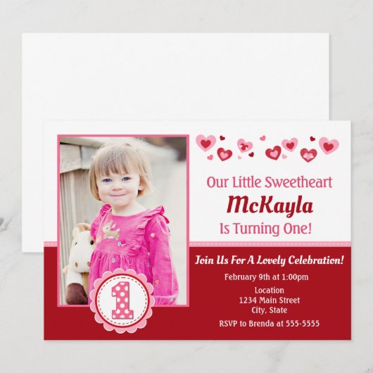 Valentijnsdag verjaardagsuitnodiging 1e verjaardag kaart (Voorkant / Achterkant)