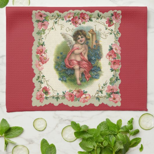  Valentijnsdag Victoriaans Cherub op telefoon Theedoek (Gevouwen)