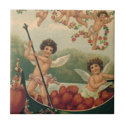 Valentijnsdag, Victoriaans Cherubs in Boot Tegeltje (Voorkant)