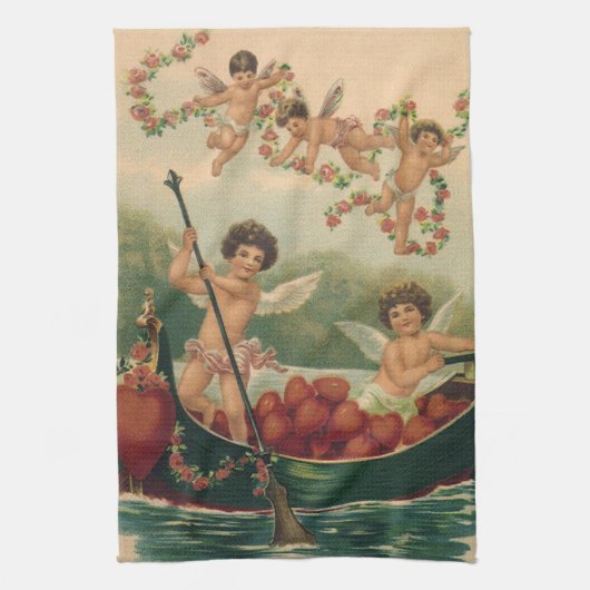  Valentijnsdag, Victoriaans Cherubs in Boot Theedoek (Verticaal)