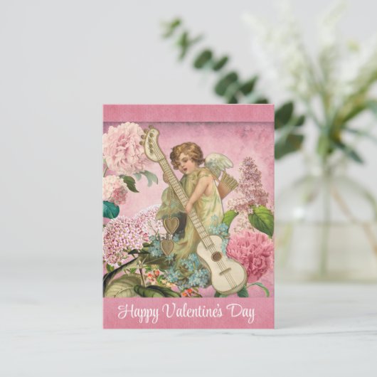  Valentijnsdag Victoriaans Cupid Floral Pink Briefkaart (Staand voorkant)