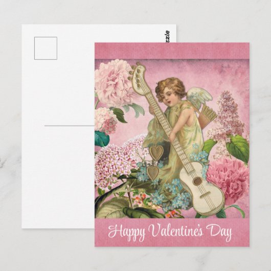  Valentijnsdag Victoriaans Cupid Floral Pink Briefkaart (Voorkant / Achterkant)