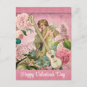  Valentijnsdag Victoriaans Cupid Floral Pink Briefkaart