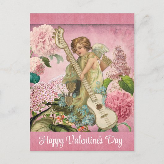  Valentijnsdag Victoriaans Cupid Floral Pink Briefkaart (Voorkant)