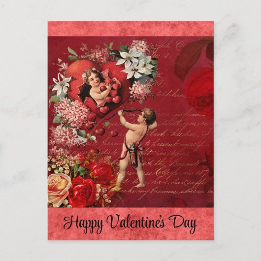  Valentijnsdag Victoriaans Cupid Red Rose Briefkaart (Voorkant)