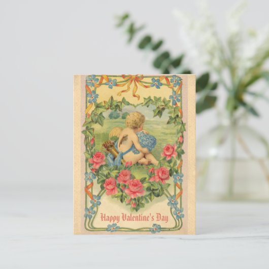  Valentijnsdag Victoriaans Cupido Floral Briefkaart (Staand voorkant)