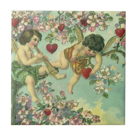 Valentijnsdag Victoriaans Cupids Hartboom Tegeltje (Voorkant)