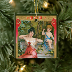 Valentijnsdag, Victoriaans dame met Cherub Keramisch Ornament