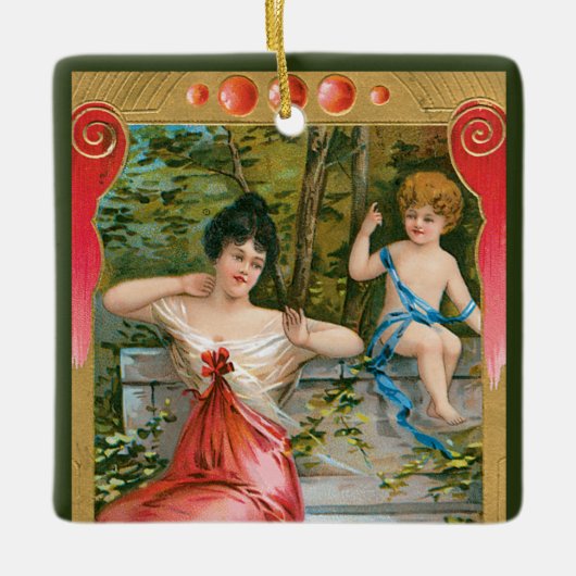  Valentijnsdag, Victoriaans dame met Cherub Keramisch Ornament (Voorkant)