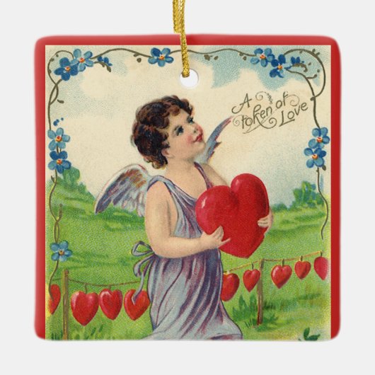 Valentijnsdag, Victoriaans Engel met Hart Keramisch Ornament (Voorkant)