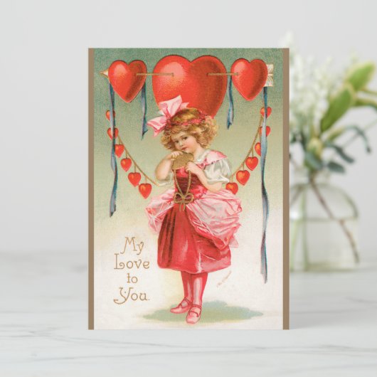  Valentijnsdag, Victoriaans meisje met hart Feestdagenkaart (Staand voorkant)
