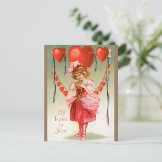  Valentijnsdag, Victoriaans meisje met hart Feestdagenkaart (Staand voorkant)