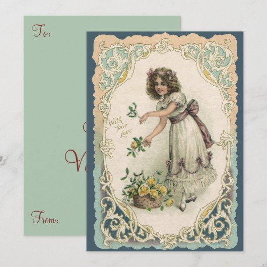  Valentijnsdag, Victoriaans Meisje met Rozen Feestdagenkaart (Voorkant / Achterkant)