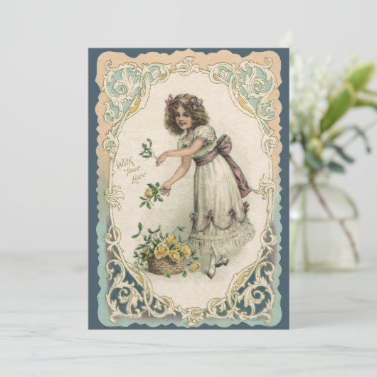  Valentijnsdag, Victoriaans Meisje met Rozen Feestdagenkaart (Staand voorkant)
