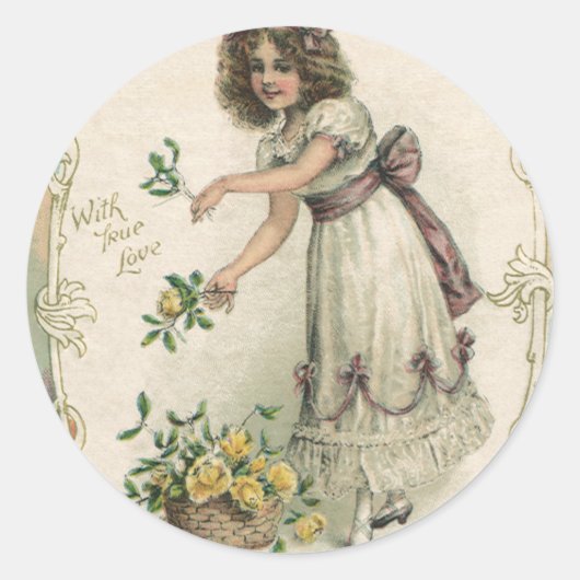 Valentijnsdag, Victoriaans Meisje met Rozen Ronde Sticker (Voorkant)