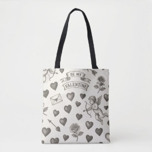 Valentijnsdag Vintage Patroon Harten Rozen Cupido Tote Bag