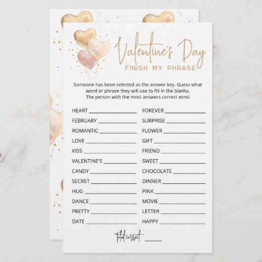 Valentijnsdag Voltooi mijn fragment Editable game (Voorkant / Achterkant)