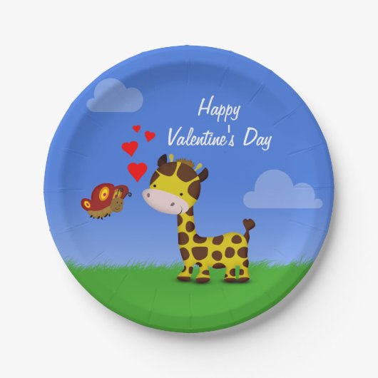 Valentijnsdag voor Giraffe en vlinder Papieren Bordje (Voorkant)